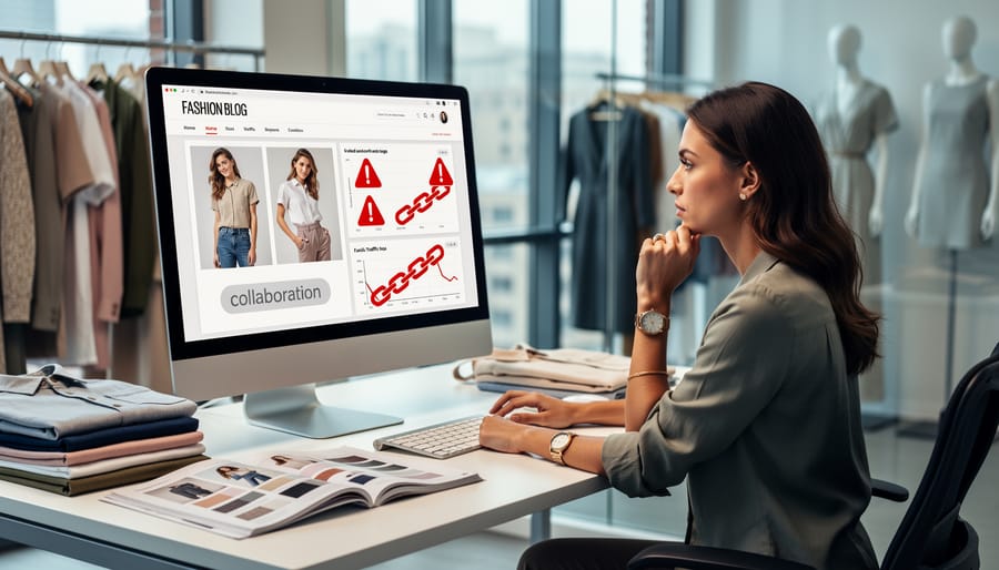 Designer reviewing broken website links on smartphone surrounded by luxury accessories