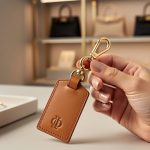 Close-up of a designer attaching a polished metal carabiner link to a leather handbag hangtag beside a jewelry tray, with softly blurred shelves of handbags and jewelry boxes in the background.