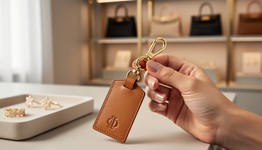 Close-up of a designer attaching a polished metal carabiner link to a leather handbag hangtag beside a jewelry tray, with softly blurred shelves of handbags and jewelry boxes in the background.