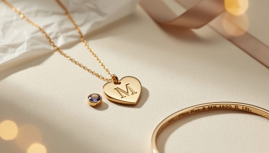 Close-up of a gold-plated heart initial necklace and a birthstone charm styled with a delicate engraved cuff bracelet on cream fabric.