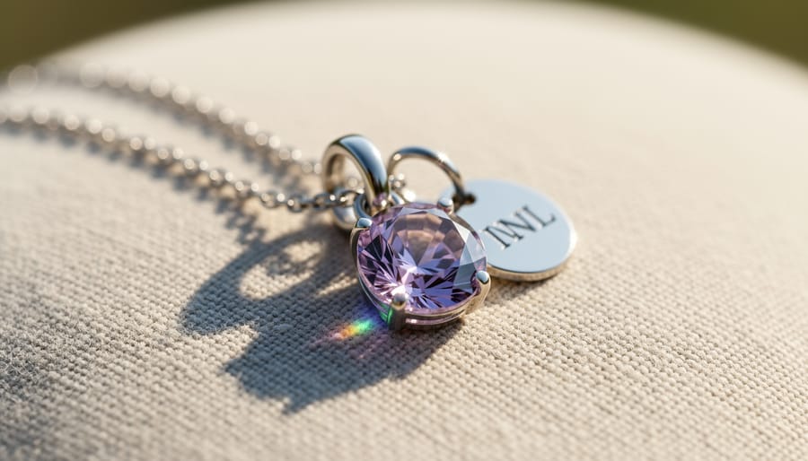 Birthstone charm necklace held in hands with gemstone facets catching light