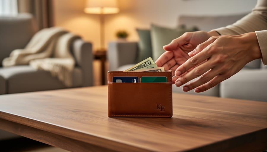 Father and adult child looking at a custom engraved leather wallet gift on a dining table