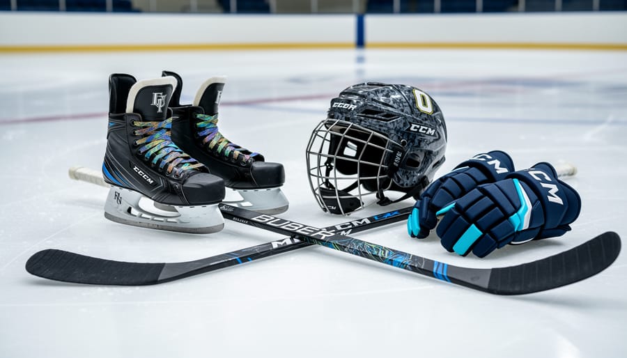 Customized ice hockey stick and gear laid on indoor rink ice