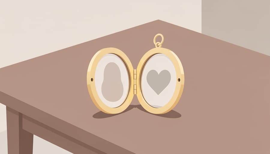 Engraved locket open on a wooden table with warm, gift-ready styling in the background