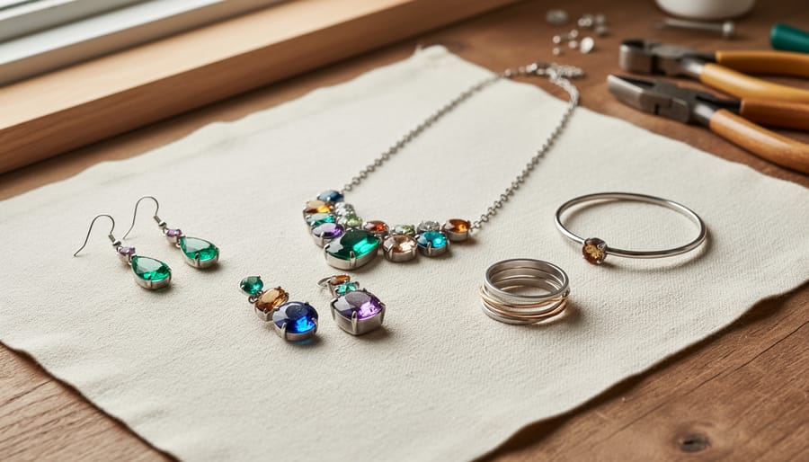 Flat-lay of Canadian-made gemstone earrings and handcrafted necklace and bracelet on light linen over a wooden tabletop with a softly blurred craft background.