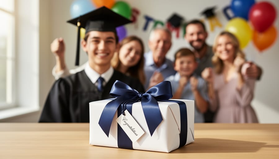 Graduate in cap and gown holding a ribbon-tied gift box outdoors