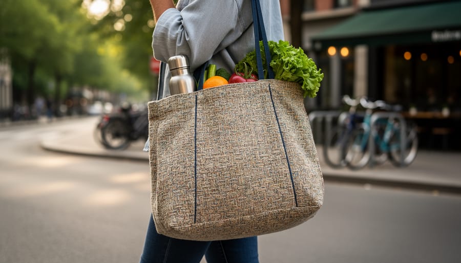 Hand-stitched fabric tote bag carried in a sunlit outdoor market.