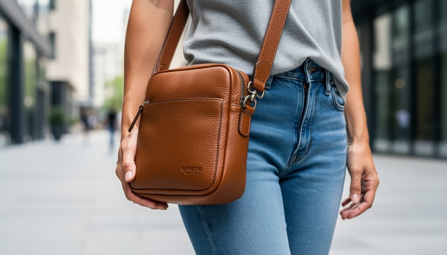 Handmade leather crossbody bag styled outdoors with denim and accessories.
