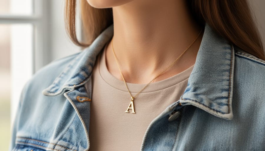 Close-up of a heart initial necklace worn as a fashion-forward layered statement