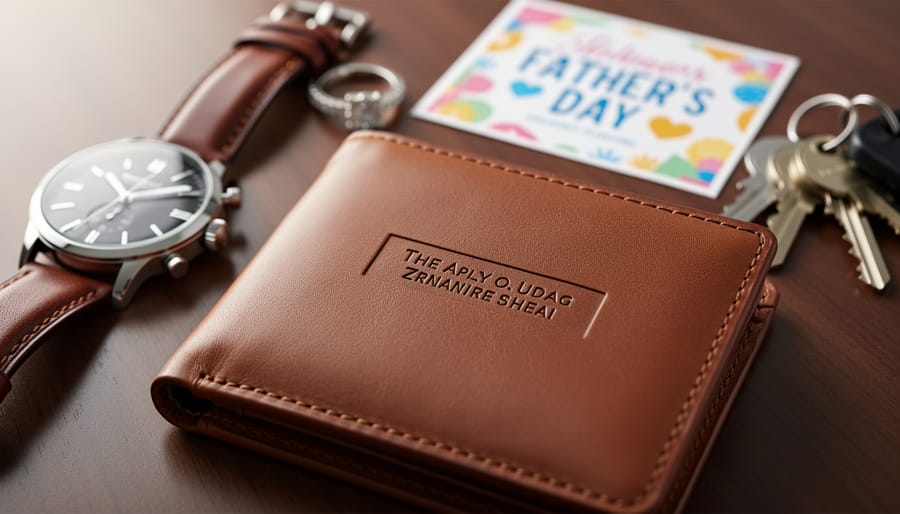 Close-up of a premium leather wallet and analog wristwatch on a dark wooden desk, with diamond jewelry subtly visible in the background.