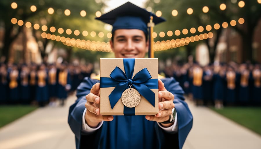 Graduate in cap and gown holding a ribbon-tied personalized graduation gift box with a decorative engraved tag detail.