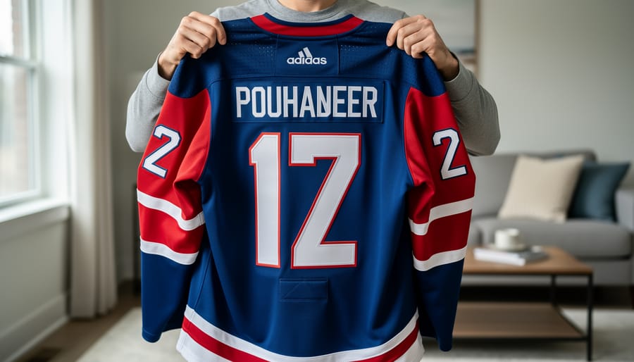 Close-up of hands holding a custom hockey jersey beside fabric swatches and a marker in a home setting