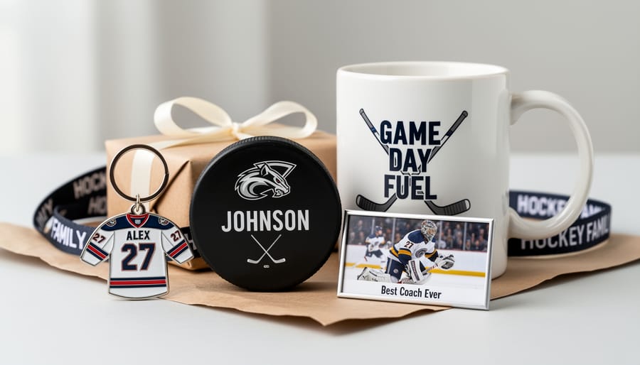 Assortment of small personalized hockey gifts including a keychain, bag tag, ornament, and wrapped towel on a table