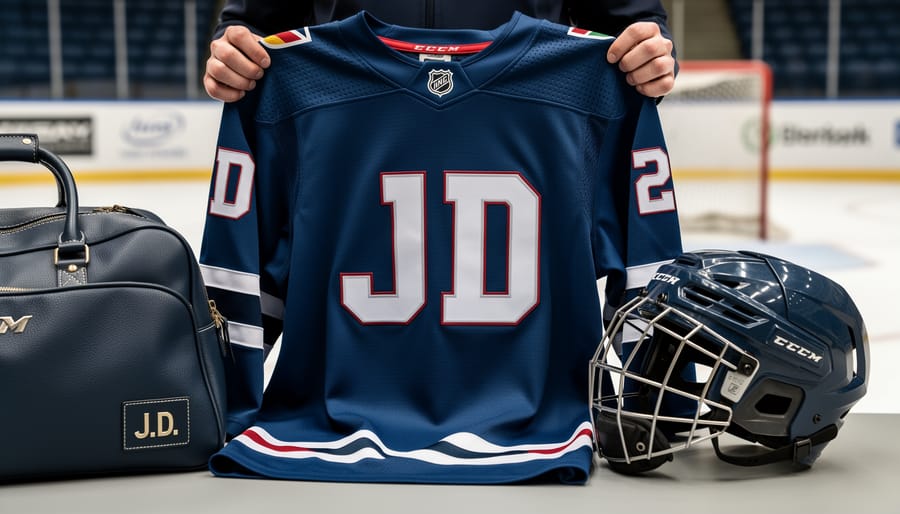 Personalized ice hockey gear showing a custom-style jersey, helmet, and monogrammed gear bag with a softly blurred rink background.