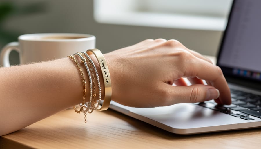 Wrist with stacked personalized bracelets and an engraved cuff while holding a pen at a desk