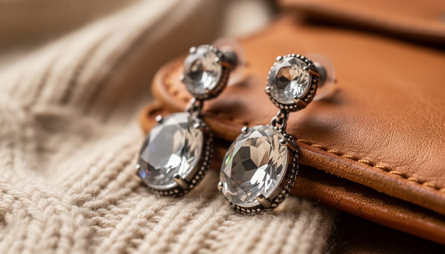 Vibrant gemstone earrings displayed on a wool scarf over a wooden tabletop.