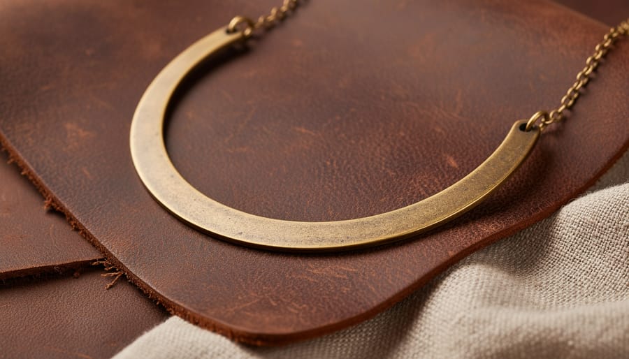 Vintage-inspired brass necklace on parchment paper with dried wildflowers.