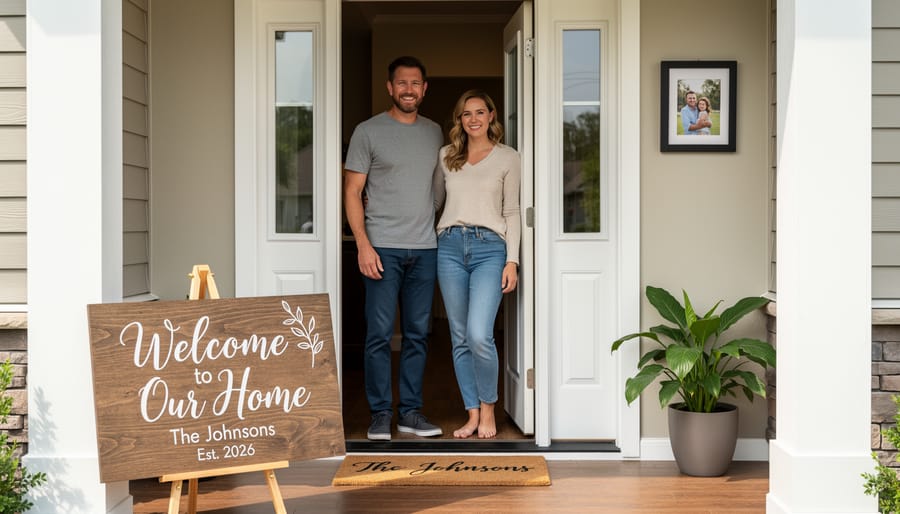 A couple holding a personalized engraved welcome sign at the doorway of a new home.