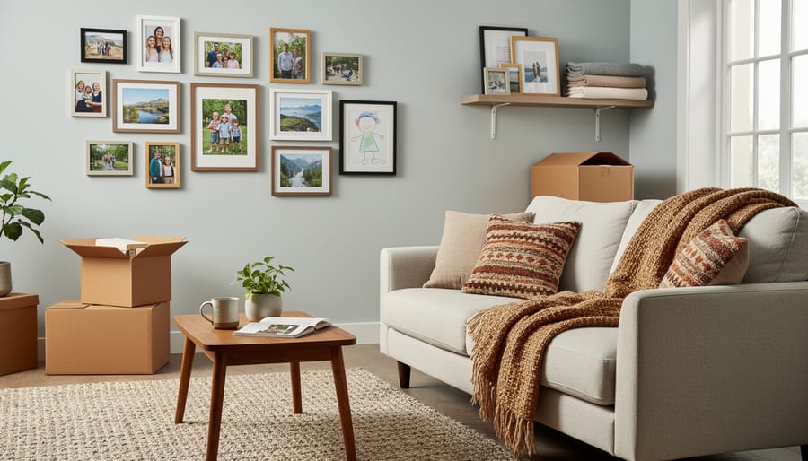 A living room with an embroidered throw pillow and personalized photo frame on a side table.