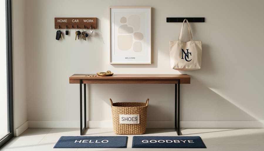 A tabletop display of personalized housewarming items including a monogrammed doormat, key holder, and candle.