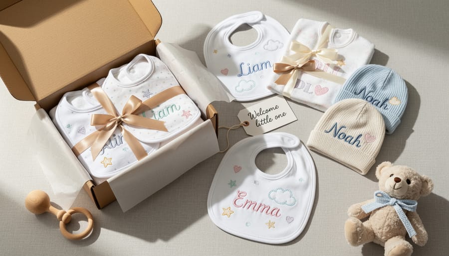 Embroidered baby bib, hat, and folded onesie arranged on a wooden surface for a gift