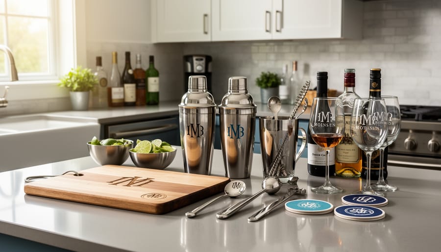 Engraved cutting board and monogrammed kitchen items arranged on a kitchen counter.