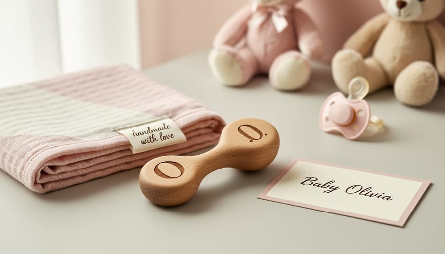 Close-up of a personalized wooden baby rattle and folded monogrammed swaddle on a light neutral background with pastel baby keepsake items nearby.