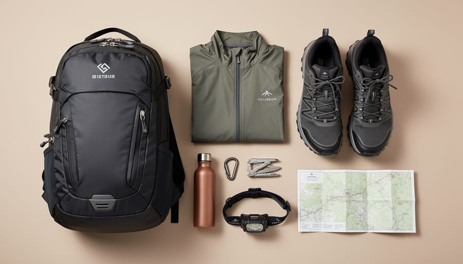 Flat-lay of outdoor apparel items including a fleece, beanie, backpack, and water bottle on a wooden table