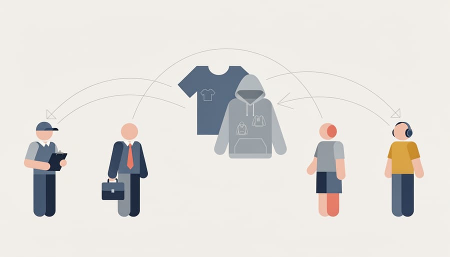 Group of people holding custom apparel items in a showroom, representing different customer types.