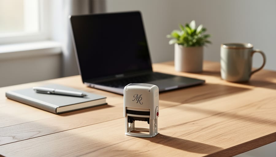 Hand holding a personalized stamp over craft paper with a stamp pad on a desk