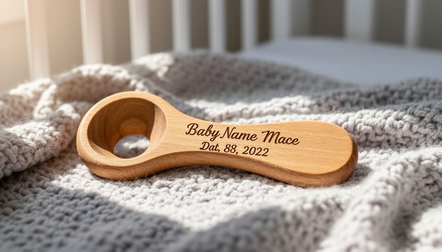 Handmade wooden baby rattle and linen gift tag on a neutral blanket