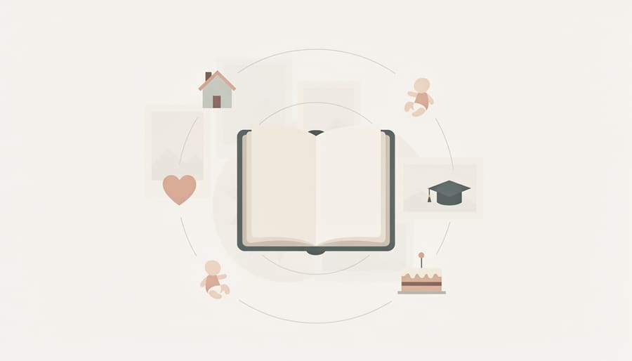 Hands holding an open baby memory book with a milestone card beside it