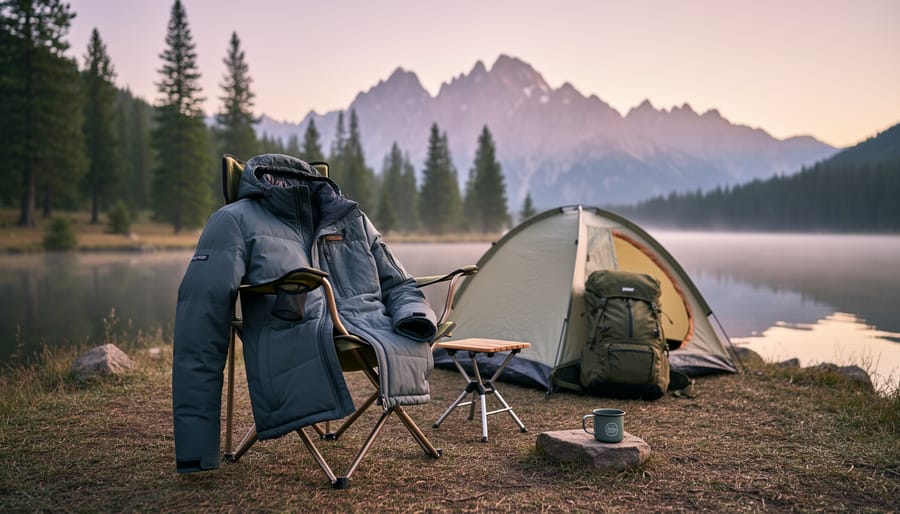 Insulated outdoor jacket hanging near a mountain campsite with misty peaks in the background