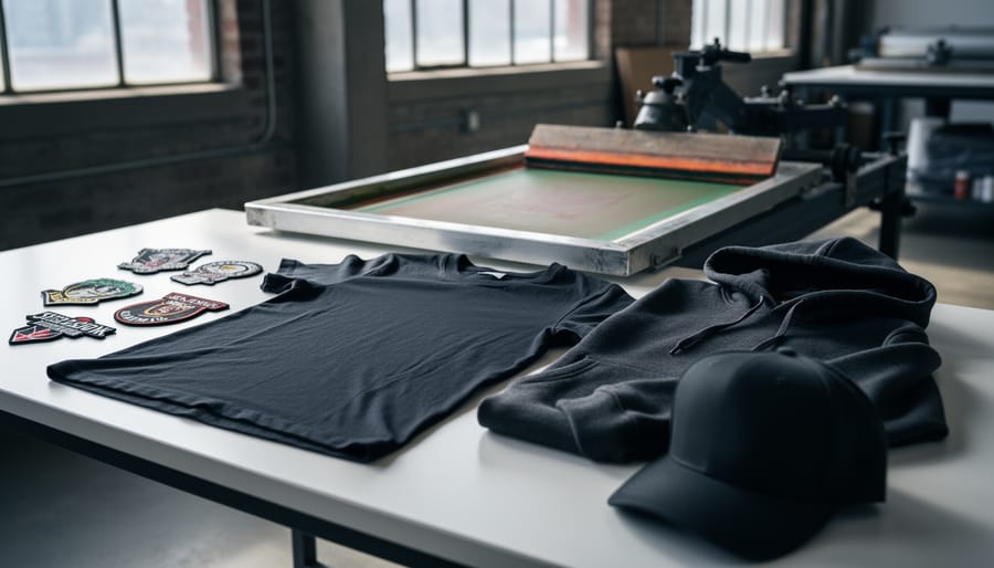 Blank T-shirt and hoodie on a worktable with embroidery patches, a cap, and screen-printing tools arranged for custom apparel branding.
