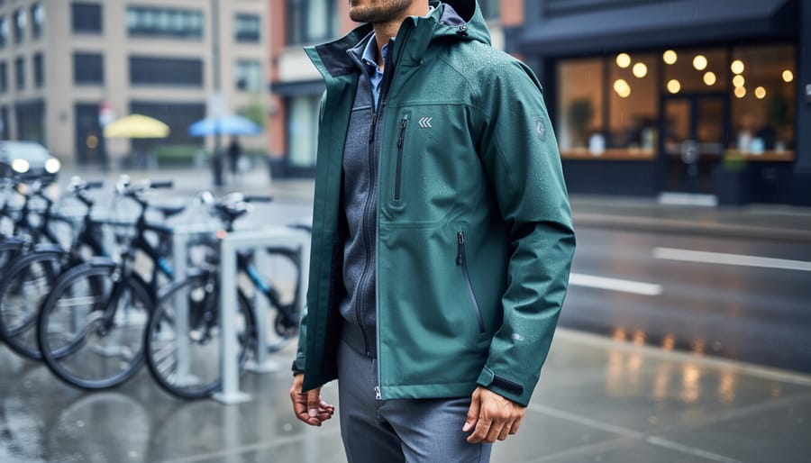 Person wearing a sleek technical rain jacket with subtle outdoor gear styling on a wet city street under an overcast sky.