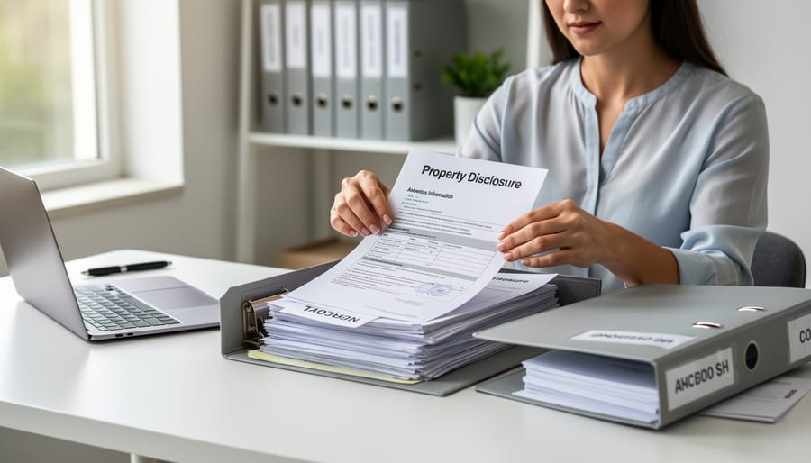 Person arranging property documents and keys on a kitchen table