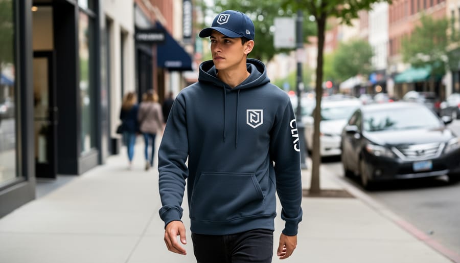 Person wearing a custom hoodie and cap in a Calgary street setting, focusing on fabric texture and style.