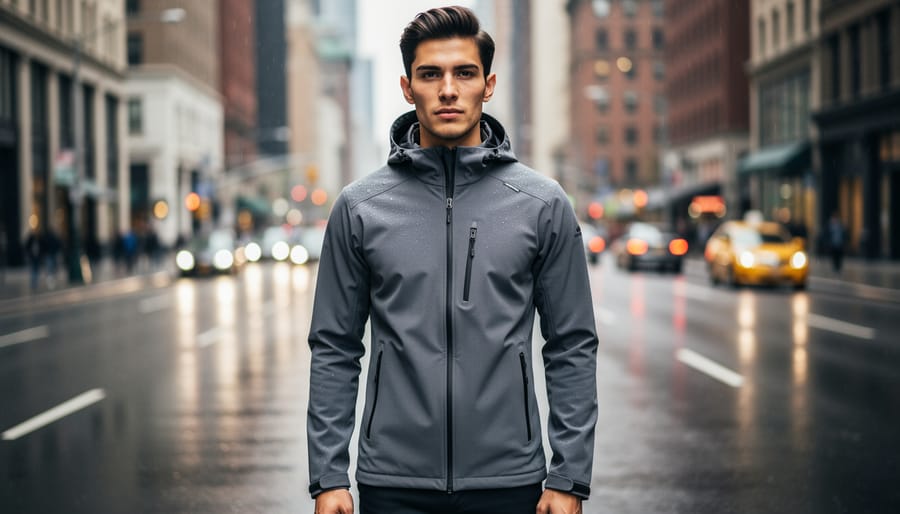 Person wearing a technical rain jacket and hiking boots walking on a wet city street