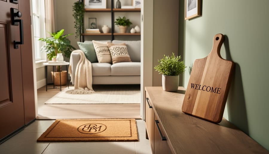 “New homeowner’s living room entryway with a custom doormat, engraved wooden cutting board, and personalized throw pillows in warm natural light.”