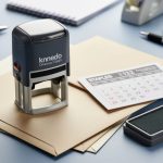 Close-up of a personalized office stamp and ink pad resting on a desk beside envelopes, photographed in soft natural light.