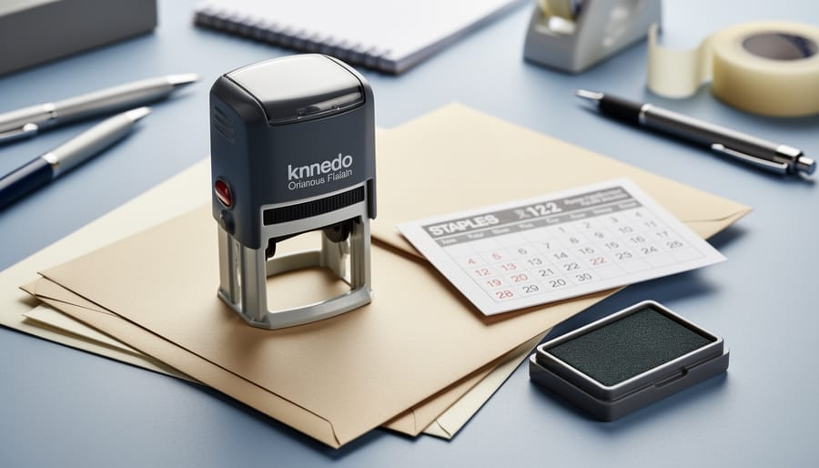 Close-up of a personalized office stamp and ink pad resting on a desk beside envelopes, photographed in soft natural light.