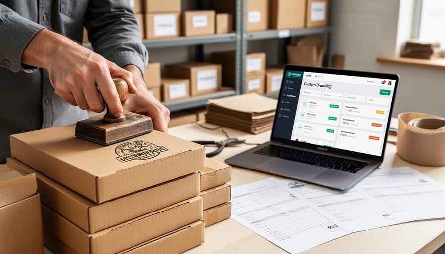 Personalized stamp on a small business desk beside shipping packages and a notebook