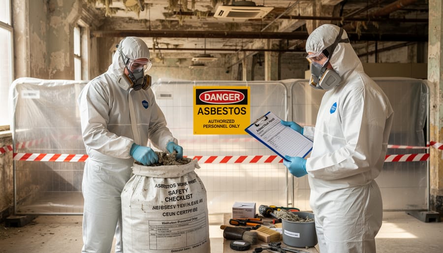 Protective-gloved contractor holding a sealed asbestos sample container over a workbench