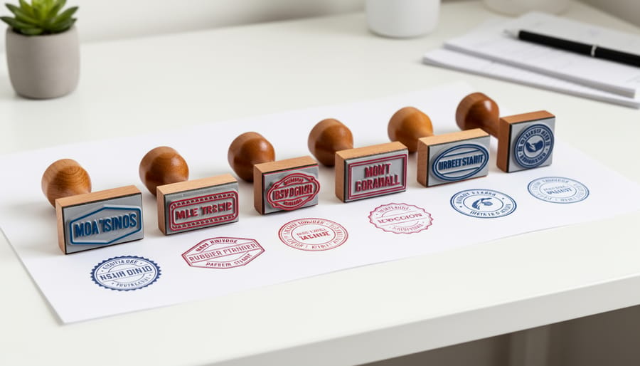 Self-inking stamp, pre-inked stamp pad, and rubber stamp arranged on a wooden desk