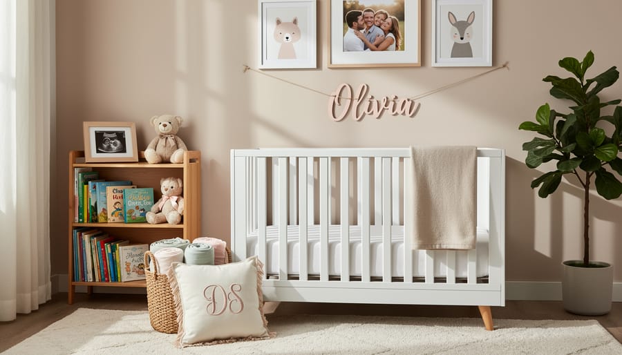 Styled nursery with personalized name decor, embroidered blanket, and plush toys in pastel colors