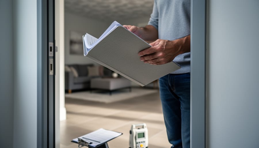 “UK homeowner holding property disclosure paperwork in a home interior with inspection equipment in the background, indicating prepared asbestos documentation.”
