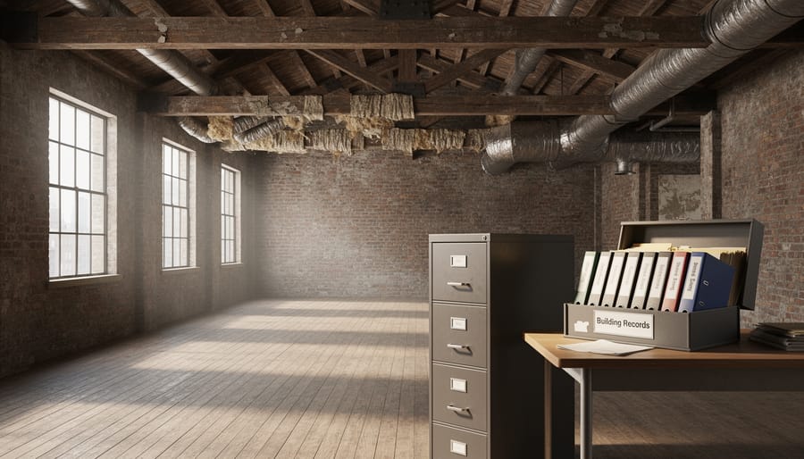 Wide view of an attic loft with exposed insulation and rafters