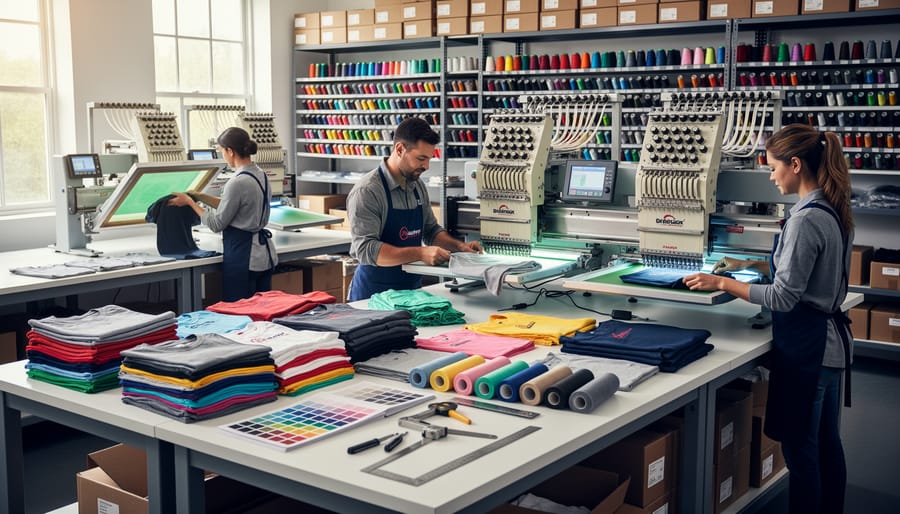 Workshop scene with stacks of folded hoodies and T-shirts, garment steamer, and embroidery hoops in soft industrial lighting.