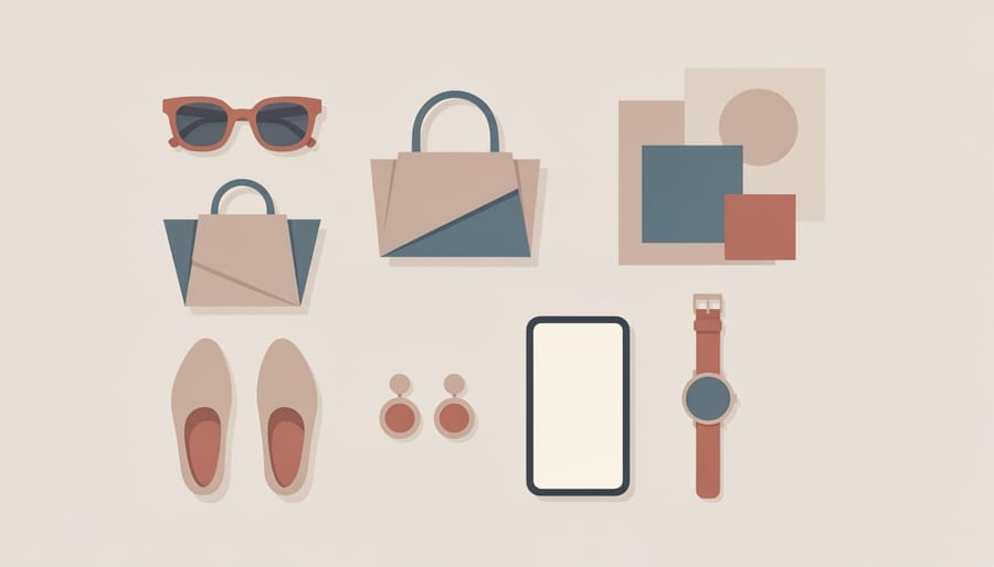 Top-down angled flat lay of jewelry and a leather bag next to a phone with a blurred creator page