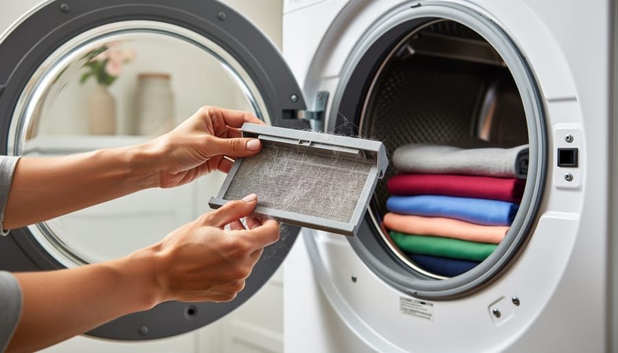 Person cleaning the dryer lint trap drawer with a lint brush in a laundry room.